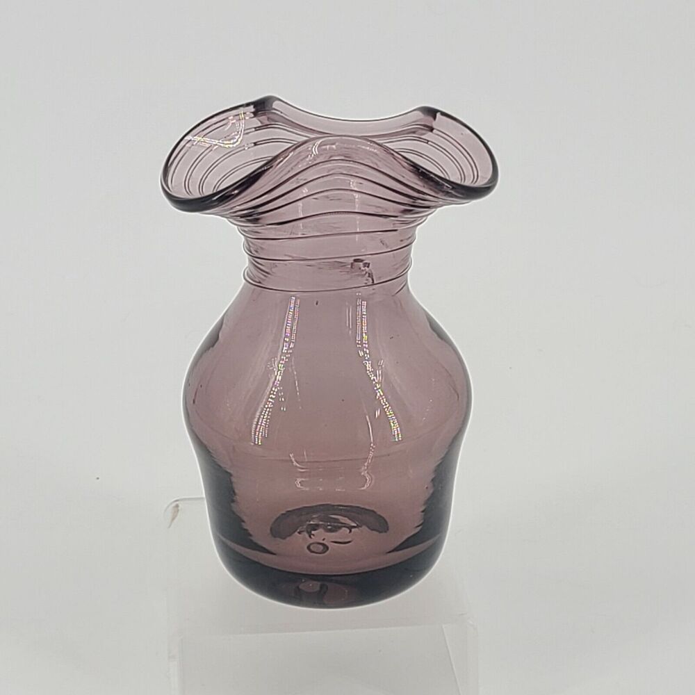 Art Glass Purple Bud Vase Ruffled Edge Applied Swirl Glows
